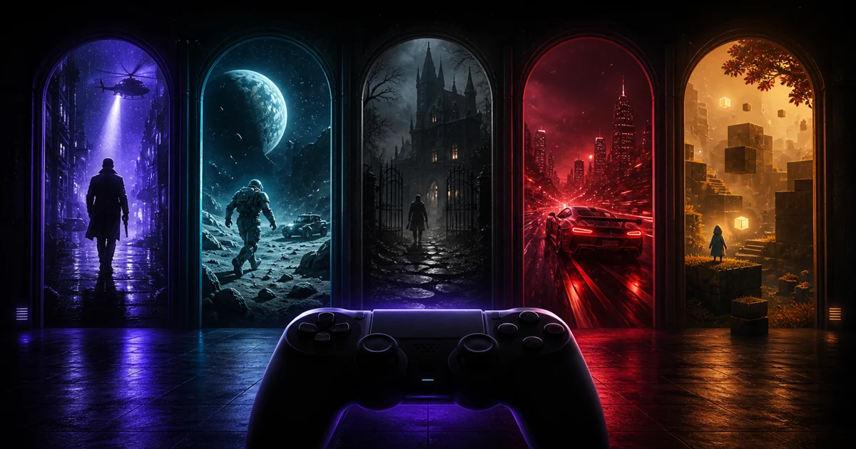 An original gaming gallery with five portals leading to distinct action and puzzle worlds