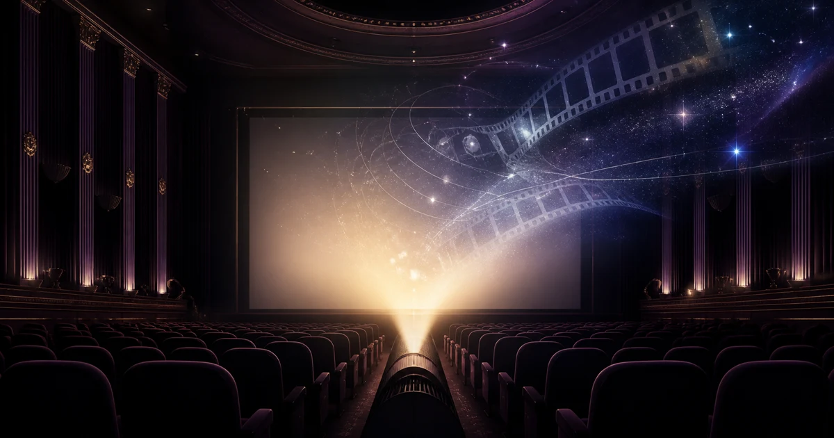 An empty movie palace where a warm projector beam dissolves into film strips and stars.