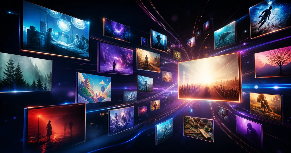 A constellation of glowing screens represents the range of television in 2026.