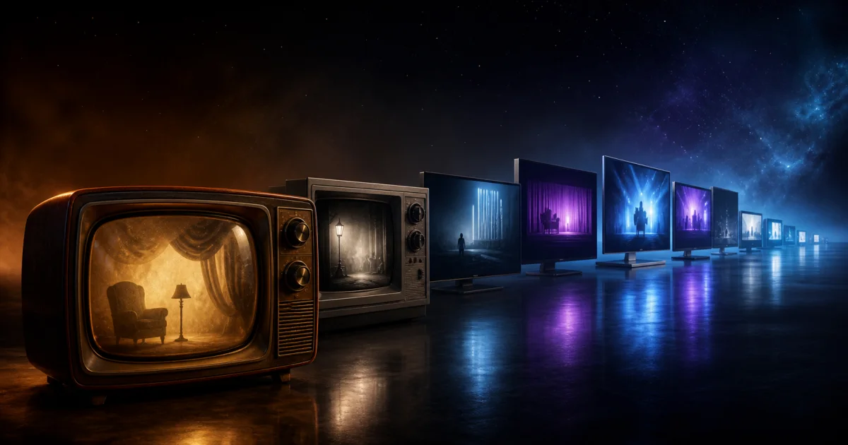 Vintage television sets transition into modern glowing screens in a dark gallery.