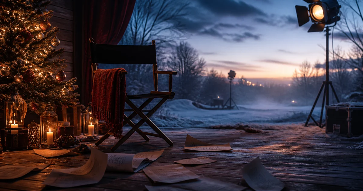An original illustration of a filmmaker alone at a warm desk while winter light fills the room