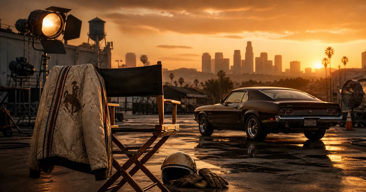 An original 1970s Hollywood illustration of a stuntman's car beneath studio lights