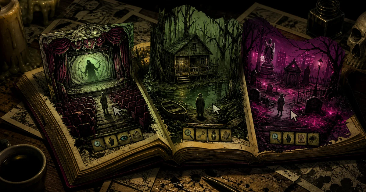 An original pulp-horror book unfolding into a theater, swamp cabin, and neon graveyard