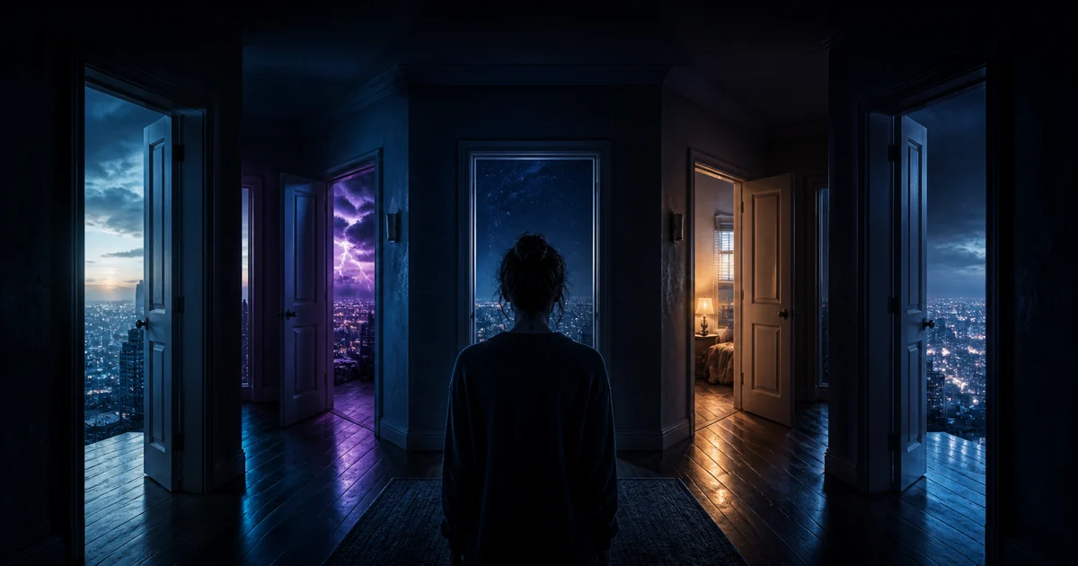 An original illustration of one man confronting alternate reflections inside a blue laboratory