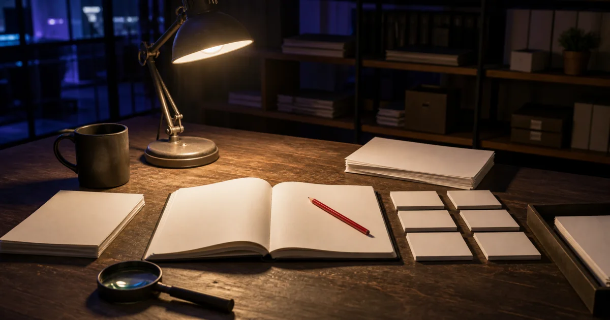 A red pencil, blank notebook, source cards, and magnifying glass on an editor's desk.