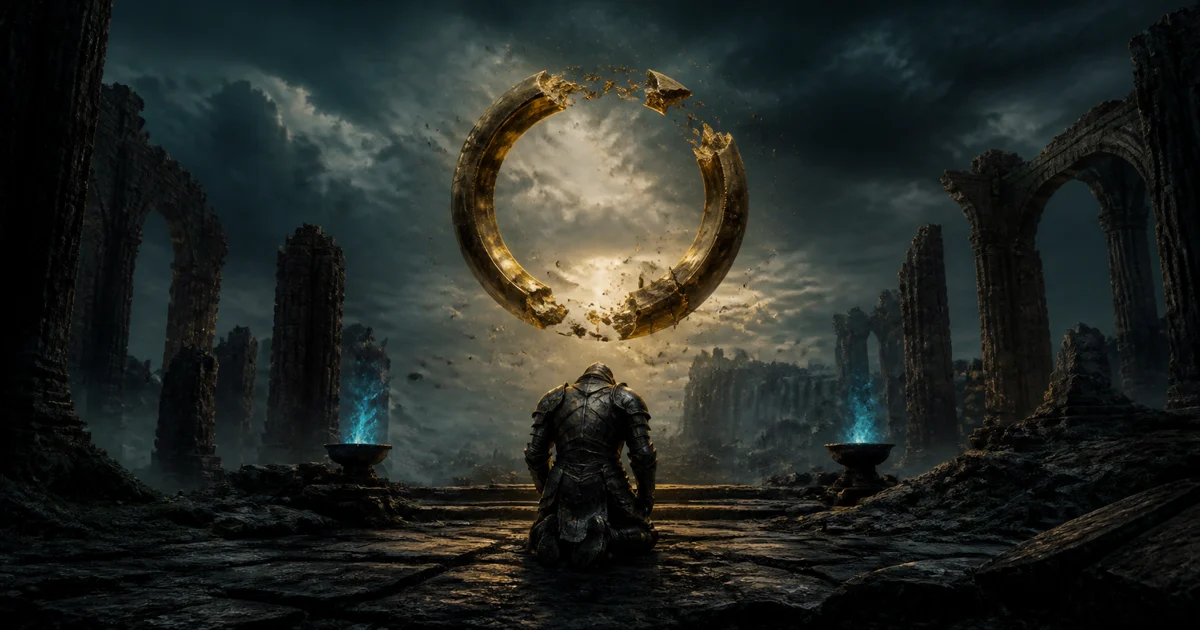 An original fantasy illustration of a lone rider beneath a luminous golden world tree