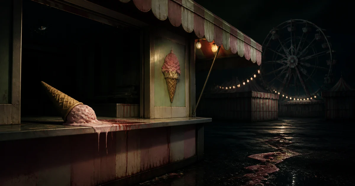 An original horror illustration of a sinister dessert truck parked at a cheerful block party
