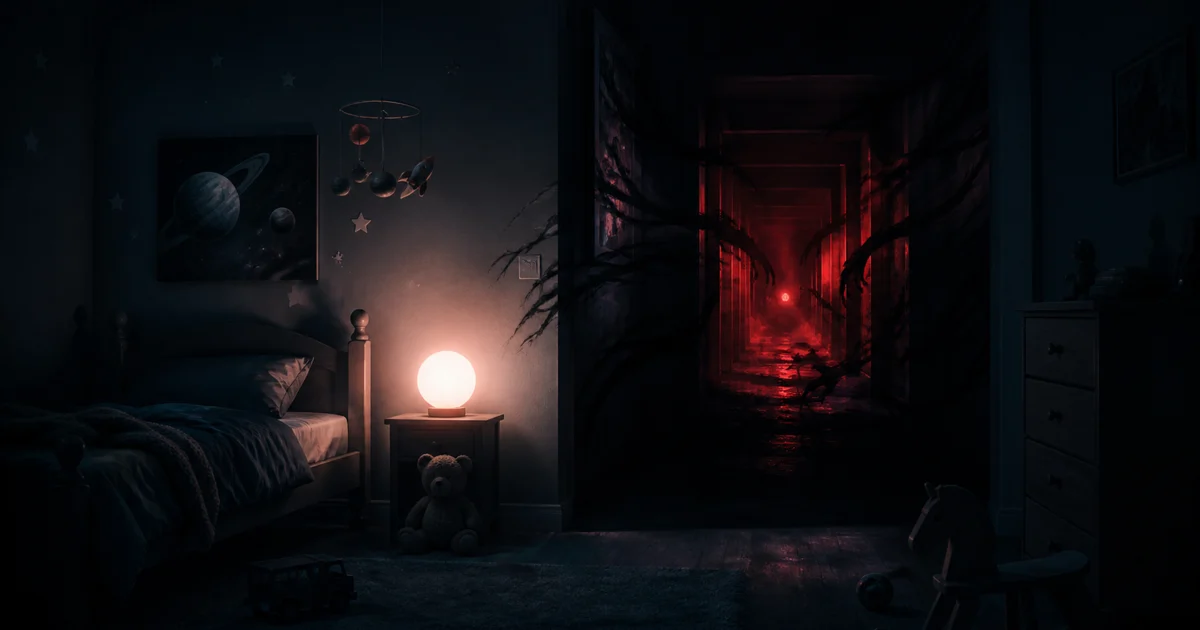 An original horror illustration of a family facing a cold blue doorway inside a dark home