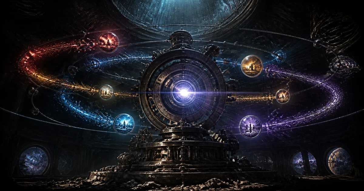 An original cinematic collage of abstract heroes converging toward a bright central portal