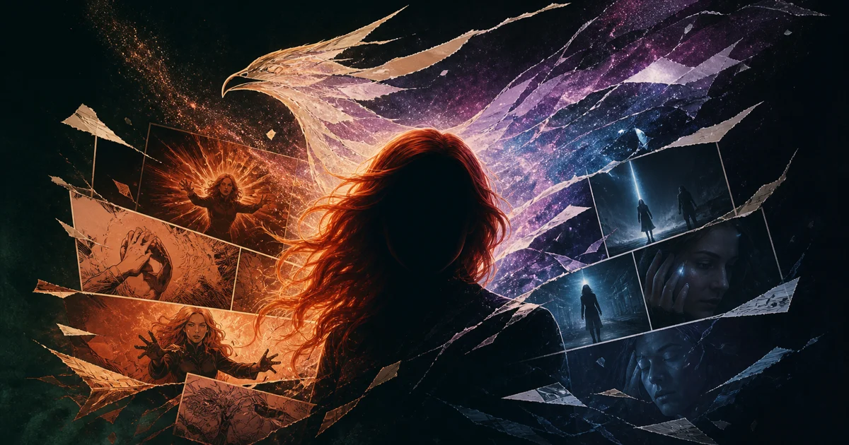 An original illustration of a red-haired psychic silhouette surrounded by cosmic fire and panels
