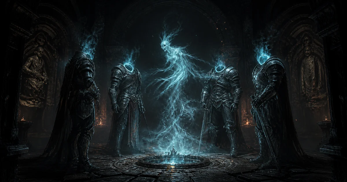 An original dark-fantasy crypt with empty armored shells surrounding a spectral figure