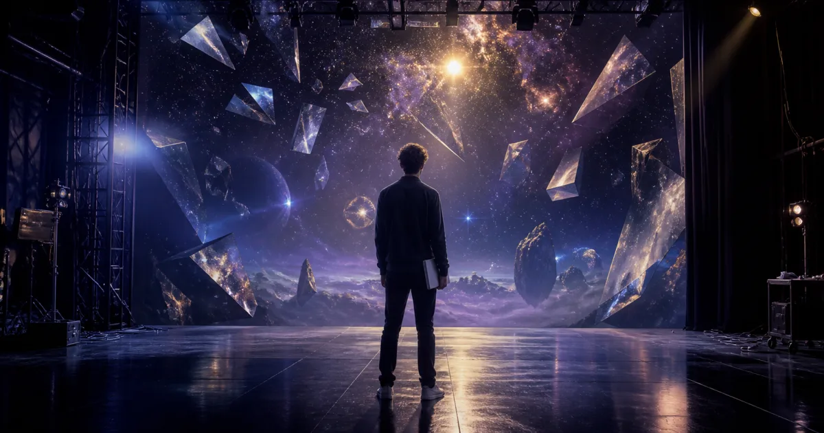 An original illustration of a young actor holding a script before a fractured cosmic soundstage