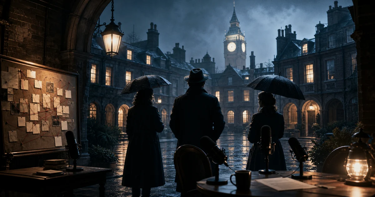An original cozy mystery illustration of three podcasters walking through foggy London
