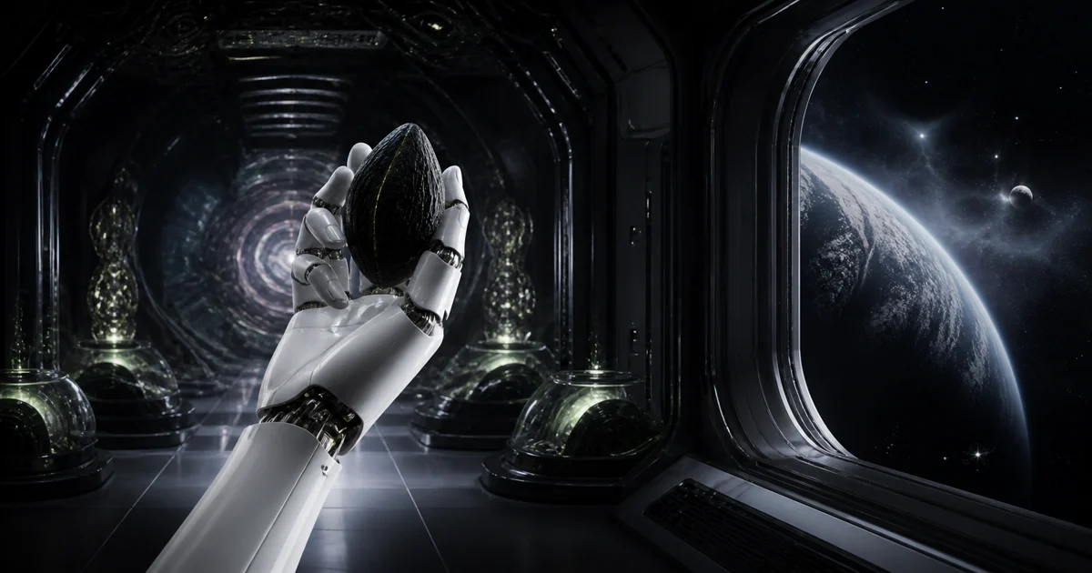 An original science-fiction illustration of an android silhouette inside a biomechanical chamber