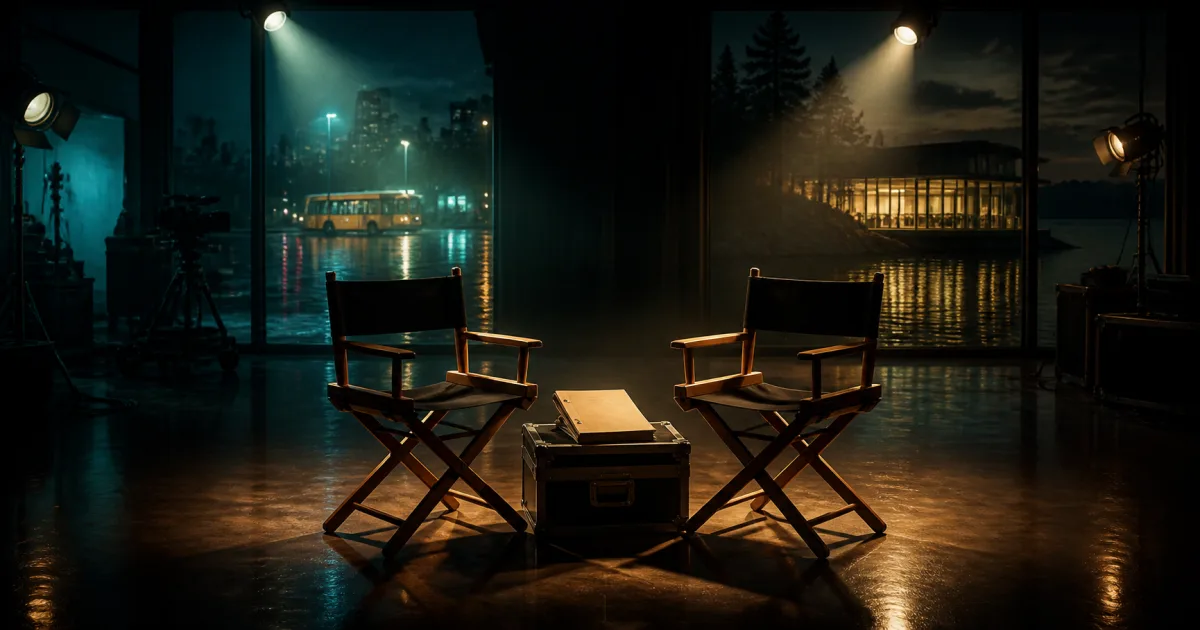 An original illustration of two empty director chairs and a closed script on a quiet film set