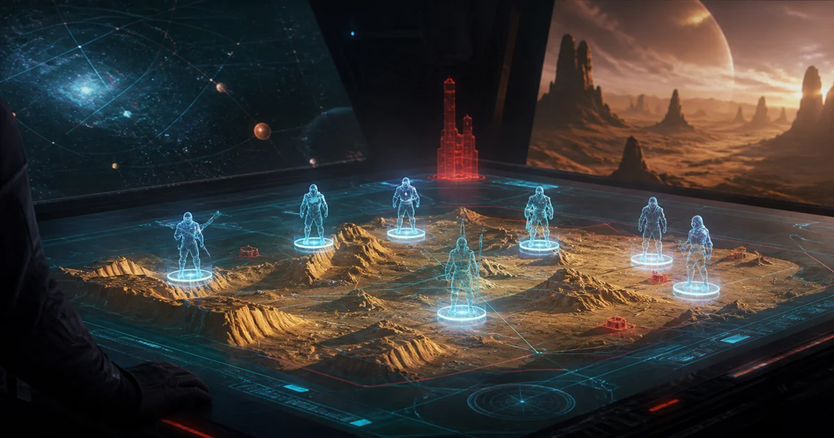 An original science-fiction illustration of a tactical squad studying a holographic battlefield