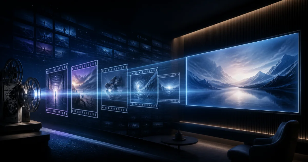 A film projector sends illuminated frames toward a modern widescreen display.