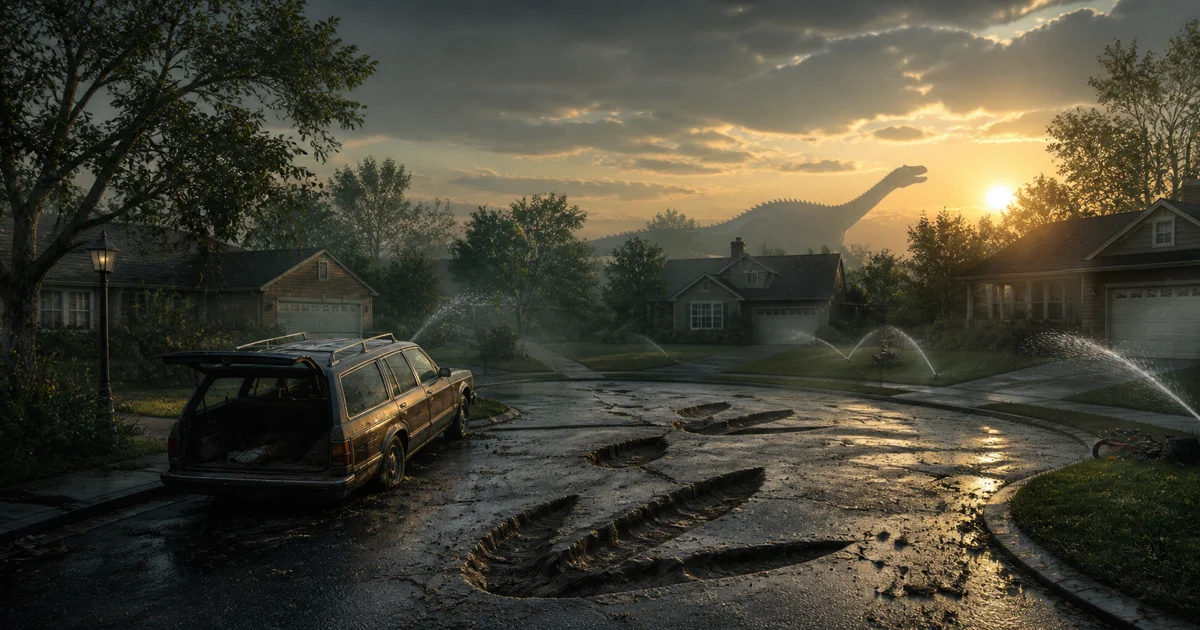 An original illustration of a suburban family watching giant shadows pass beyond their car