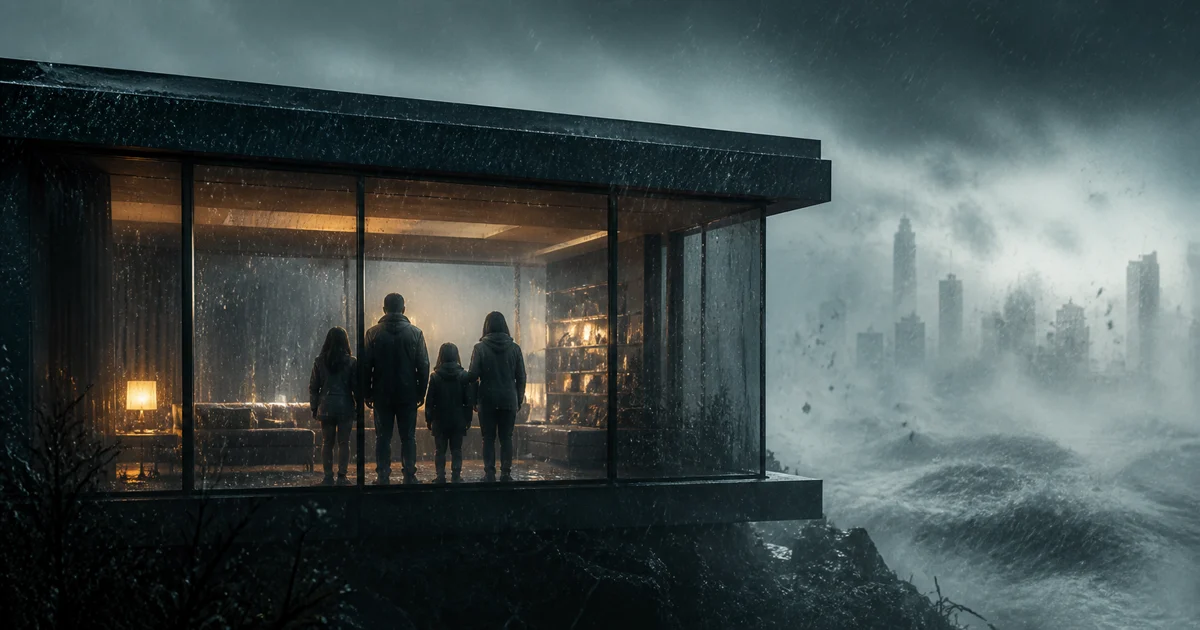 An original illustration of a family behind rain-soaked glass as a city disappears outside