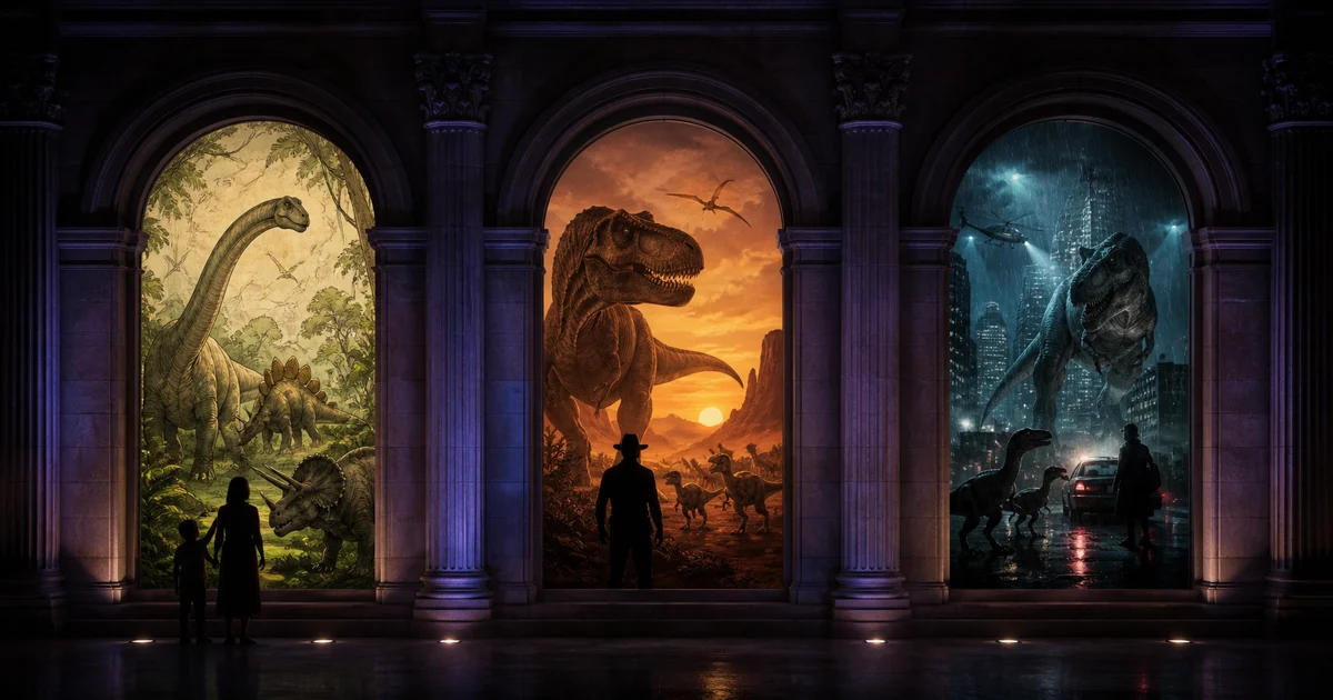 An original prehistoric landscape containing three very different cinematic dinosaur silhouettes