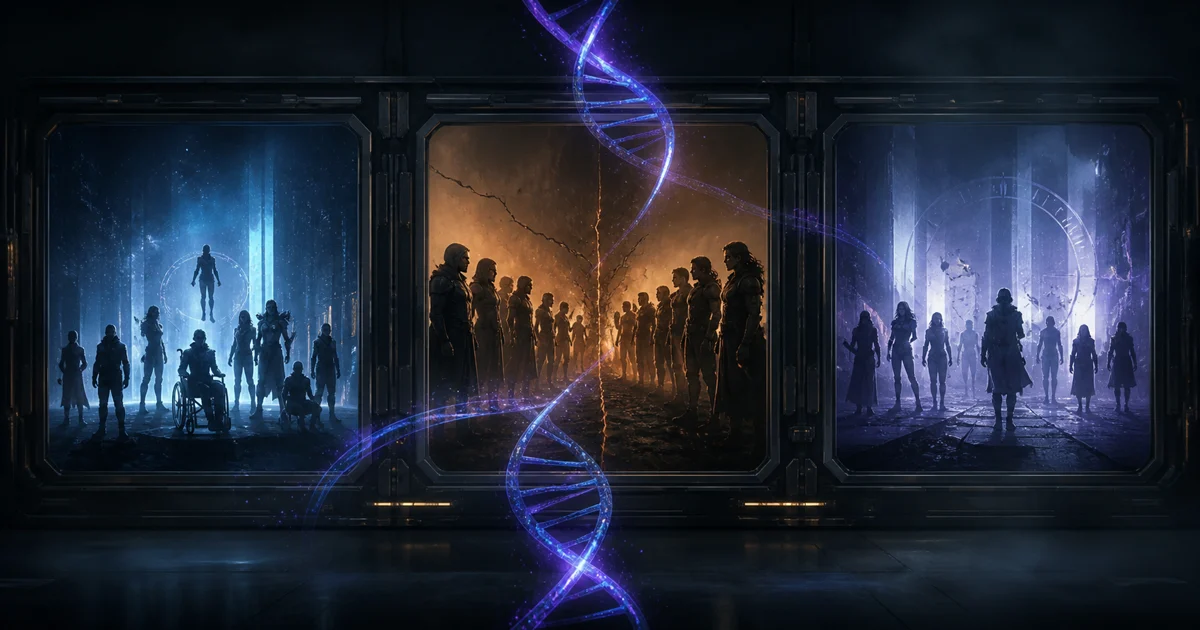 An original triptych of a mutant school, a 1960s strategy room, and a fractured timeline