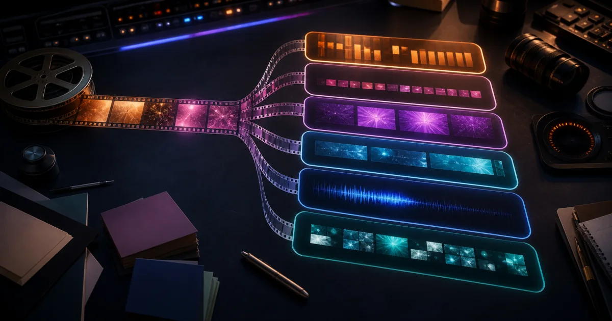Film strips branch into colored editing timelines on a production desk.