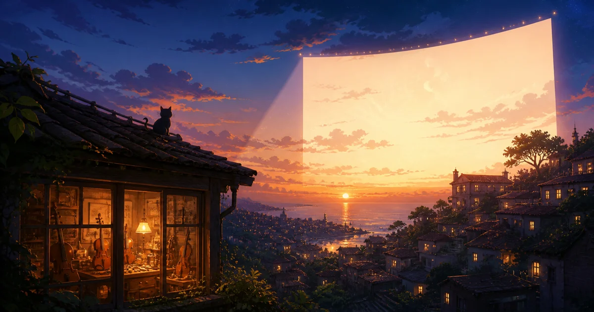 An original hand-painted illustration of two young dreamers overlooking a glowing city