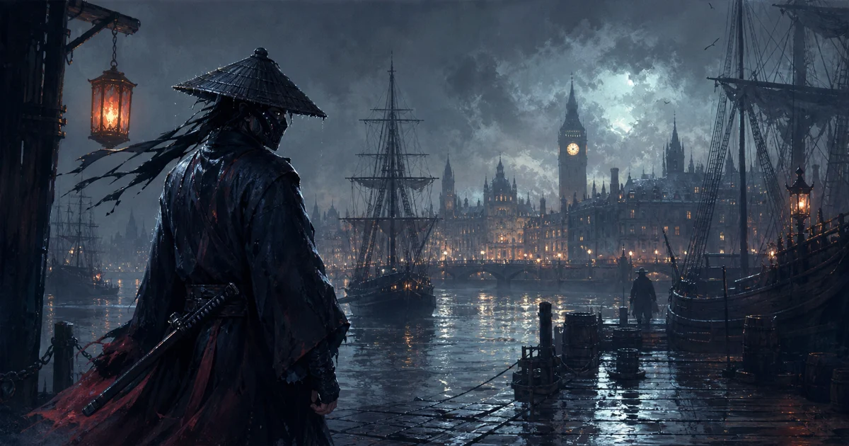 An original animated-style swordswoman silhouette arriving at a smoky seventeenth-century London dock