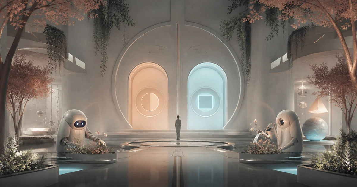 An original pastel utopian facility where a person chooses between two geometric doors
