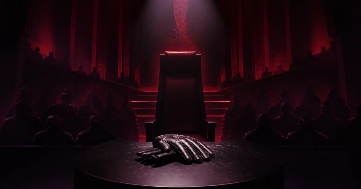 An original illustration of a charismatic dictator addressing followers from a red-lit platform