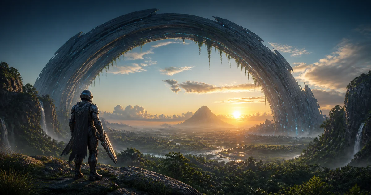 An original armored explorer looking across a valley beneath a colossal alien ring