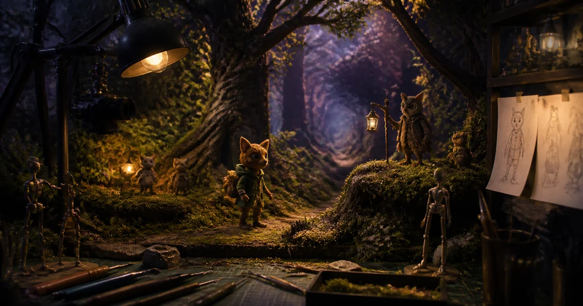 An original stop-motion-inspired forest workshop filled with miniature creatures and sets