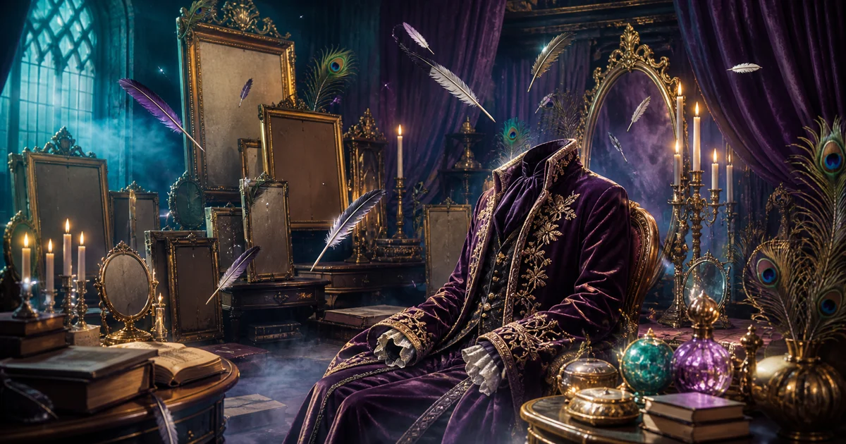 An original fantasy portrait of a vain celebrity wizard posing before empty gilded frames