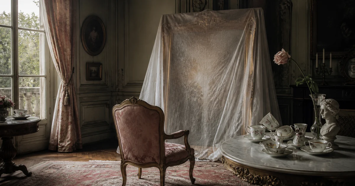 An original portrait of an eccentric aristocratic woman framed by a fading country house