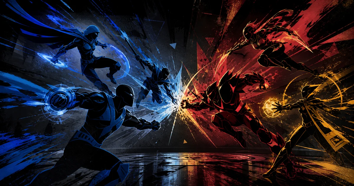 An original comic-style arena where two teams of faceless fighters collide in colored ink