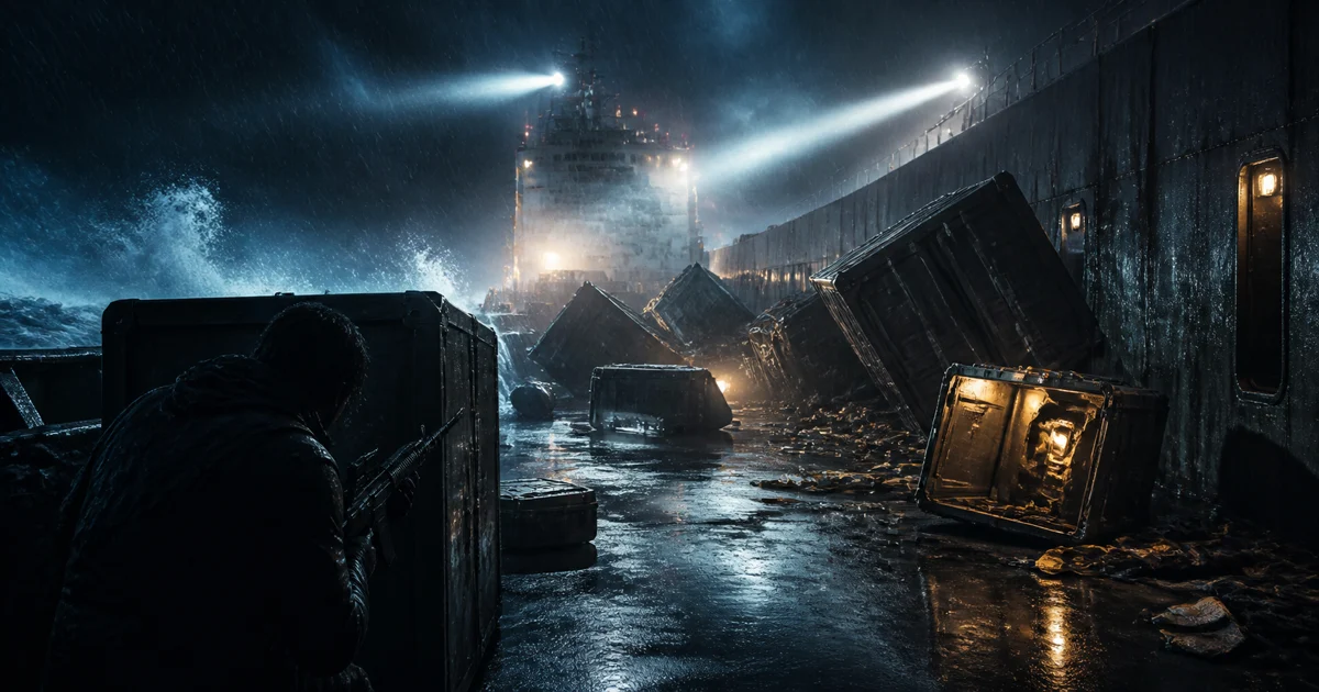 An original action illustration of a lone operative crossing a storm-battered cargo ship
