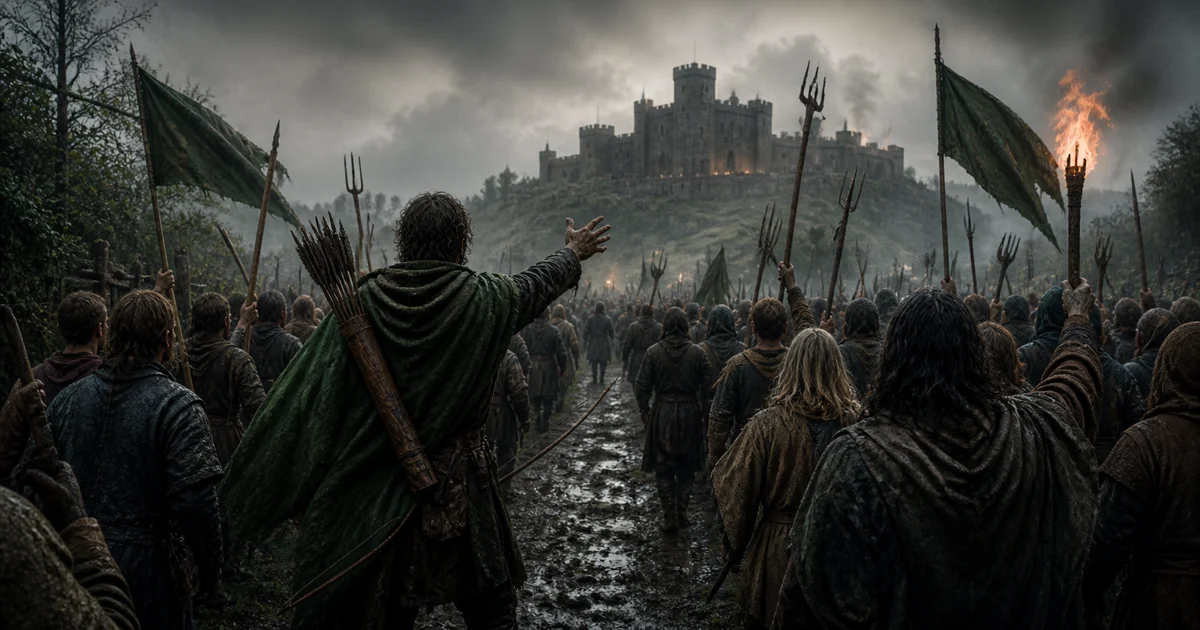 An original historical illustration of villagers gathering beneath stormy English skies