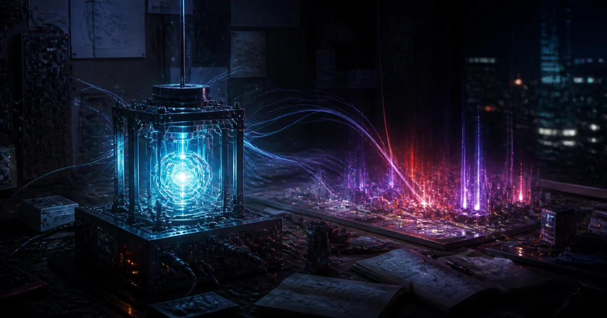 An original workshop illustration of a young inventor assembling a luminous web-like device