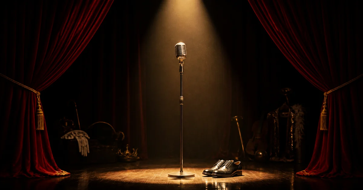 An original theatrical portrait of an empty spotlight, velvet curtain, and expressive silhouette