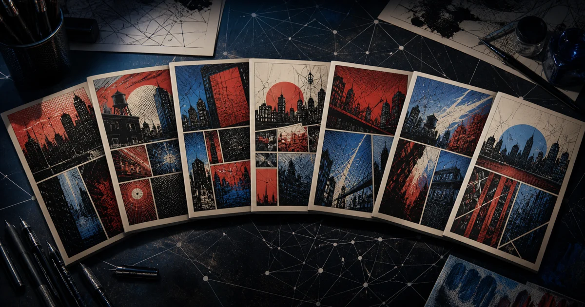 An original comic-book collage of city rooftops, web-like lines, and a masked acrobat silhouette
