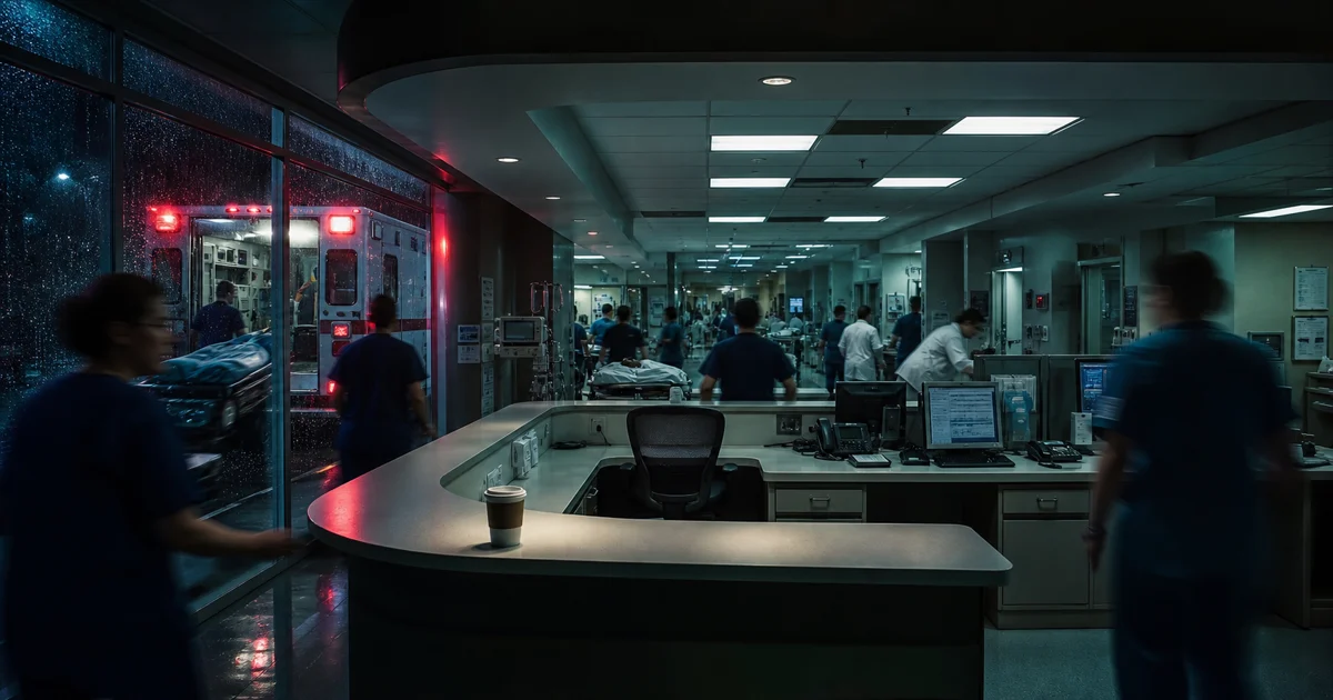 An original hospital drama illustration of a weary doctor beneath harsh corridor lights