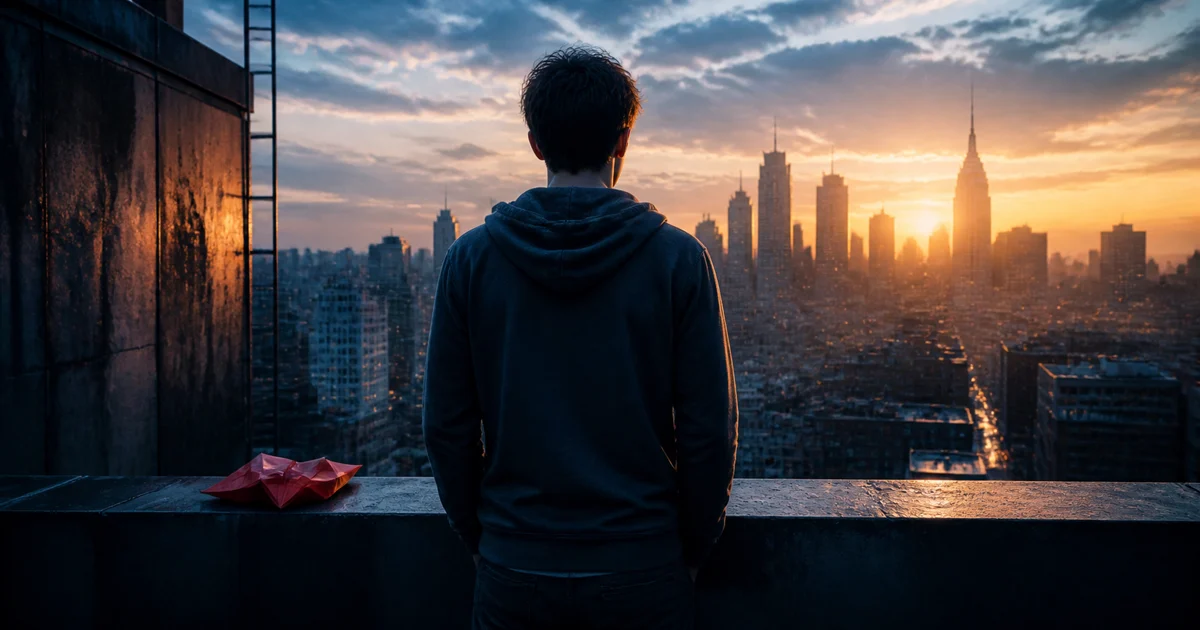 An original silhouette of a young hero holding a simple mask above a city at dawn